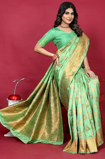 Mint green banarasi silk blend saree with copper zari weave