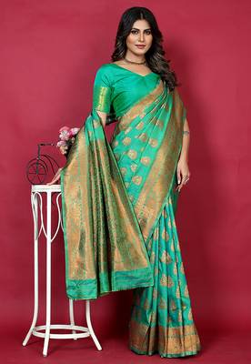 Emerald green banarasi silk blend saree with copper zari weave 1