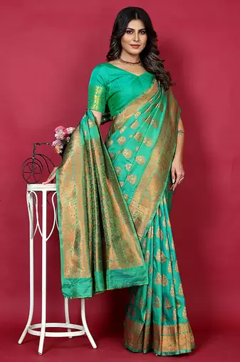Emerald green banarasi silk blend saree with copper zari weave