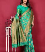 Emerald green banarasi silk blend saree with copper zari weave