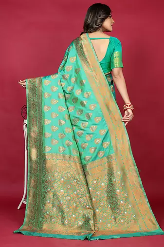 Emerald green banarasi silk blend saree with copper zari weave