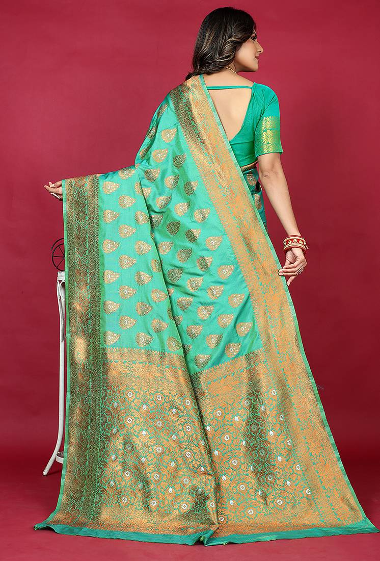Emerald green banarasi silk blend saree with copper zari weave