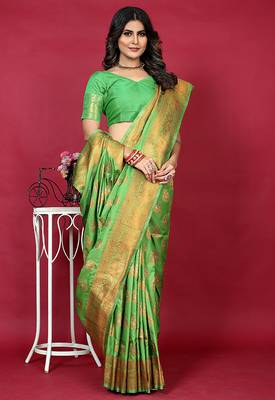 Leaf green banarasi silk blend saree with copper zari weave 1