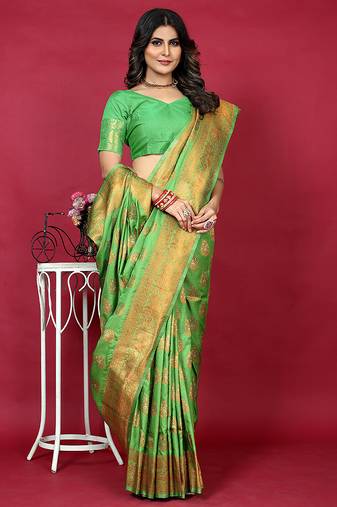 Leaf green banarasi silk blend saree with copper zari weave