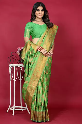 Leaf green banarasi silk blend saree with copper zari weave