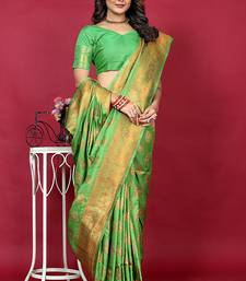 Leaf green banarasi silk blend saree with copper zari weave