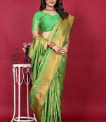Leaf green banarasi silk blend saree with copper zari weave
