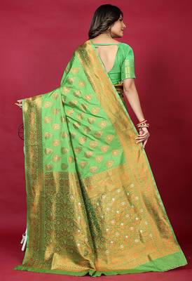 Leaf green banarasi silk blend saree with copper zari weave 2