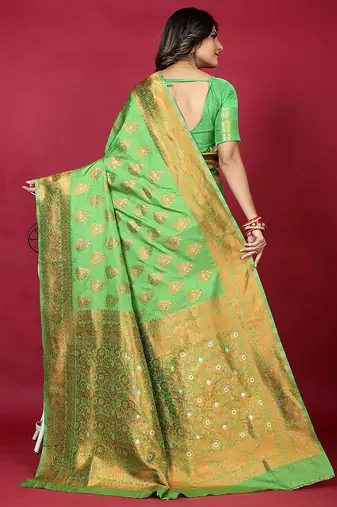 Leaf green banarasi silk blend saree with copper zari weave