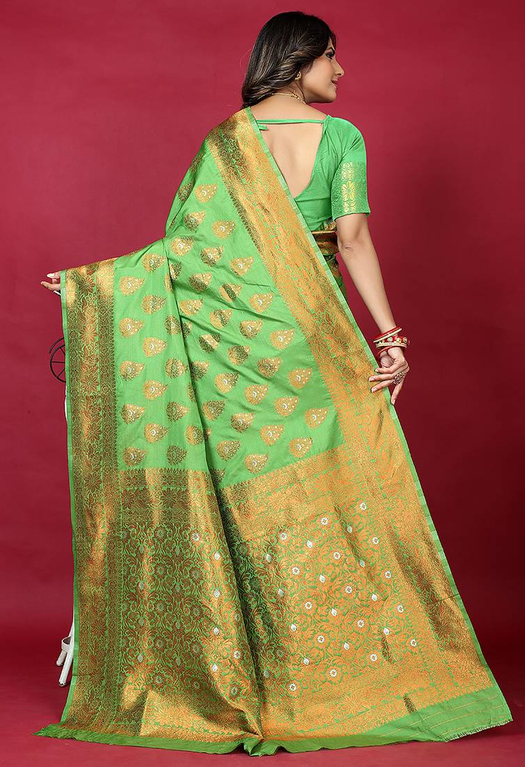 Leaf green banarasi silk blend saree with copper zari weave