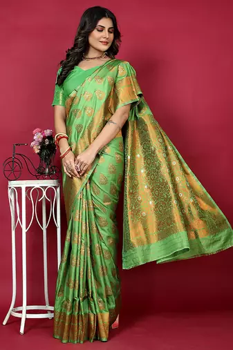 Leaf green banarasi silk blend saree with copper zari weave