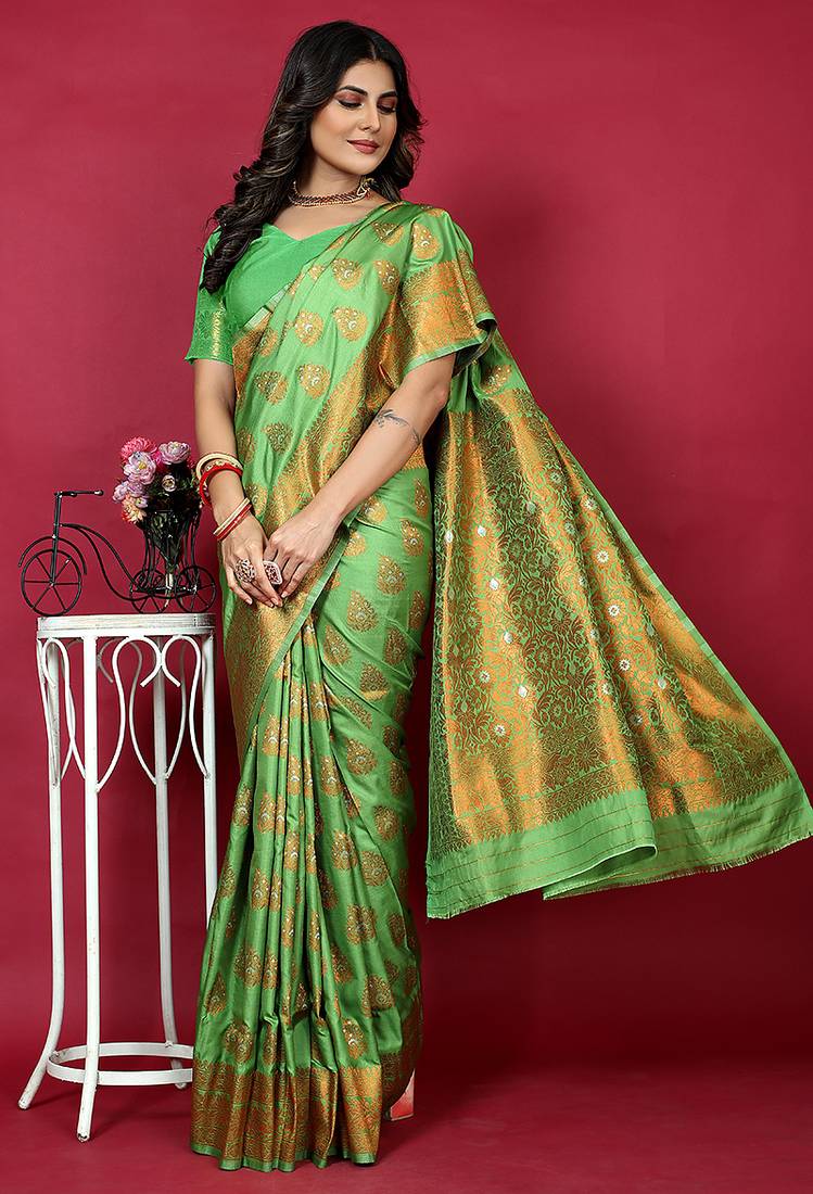 Leaf green banarasi silk blend saree with copper zari weave