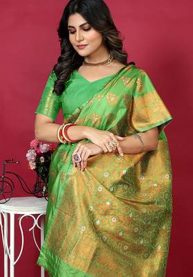 Leaf green banarasi silk blend saree with copper zari weave 4