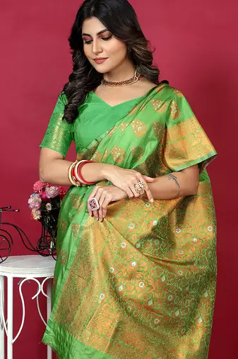 Leaf green banarasi silk blend saree with copper zari weave