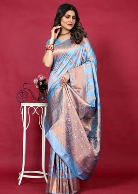 Light blue banarasi silk blend saree with copper zari weave 1