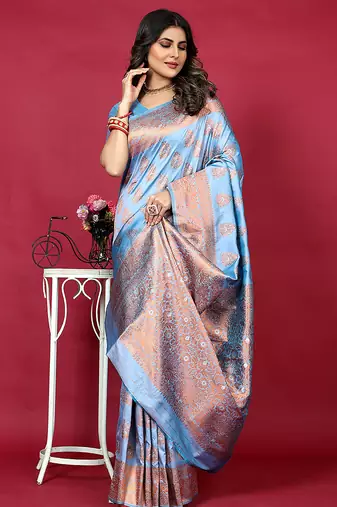Light blue banarasi silk blend saree with copper zari weave