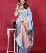 Light blue banarasi silk blend saree with copper zari weave