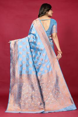 Light blue banarasi silk blend saree with copper zari weave 2