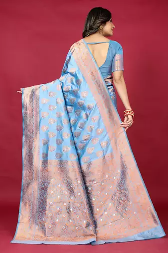 Light blue banarasi silk blend saree with copper zari weave