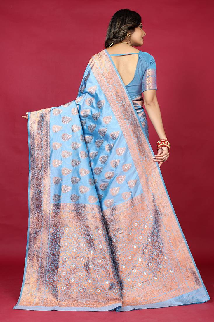 Light blue banarasi silk blend saree with copper zari weave