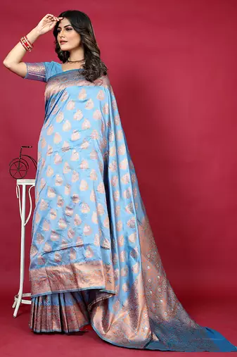 Light blue banarasi silk blend saree with copper zari weave