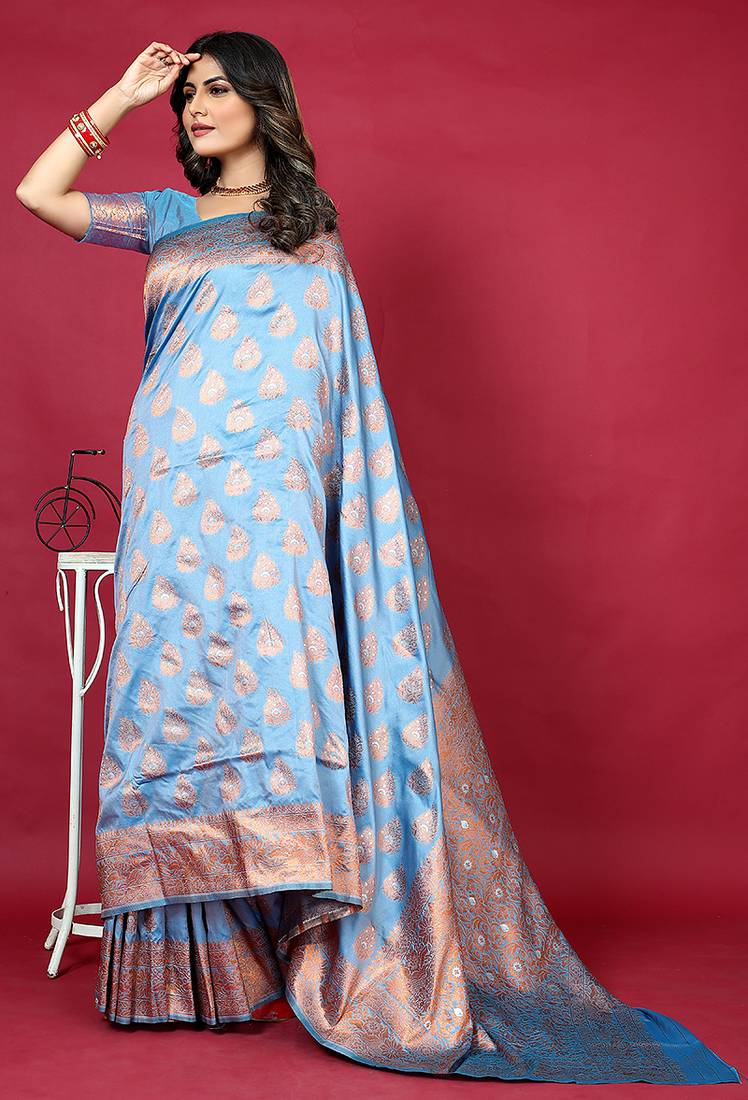 Light blue banarasi silk blend saree with copper zari weave