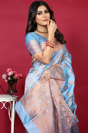 Light blue banarasi silk blend saree with copper zari weave