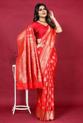 Red banarasi silk blend saree with copper zari weave 1