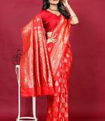 Red banarasi silk blend saree with copper zari weave