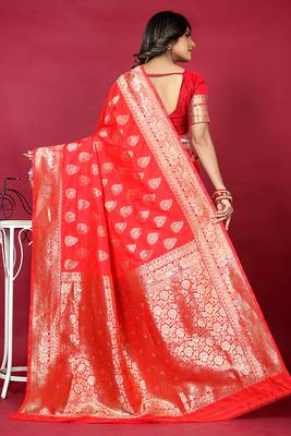 Red banarasi silk blend saree with copper zari weave 2