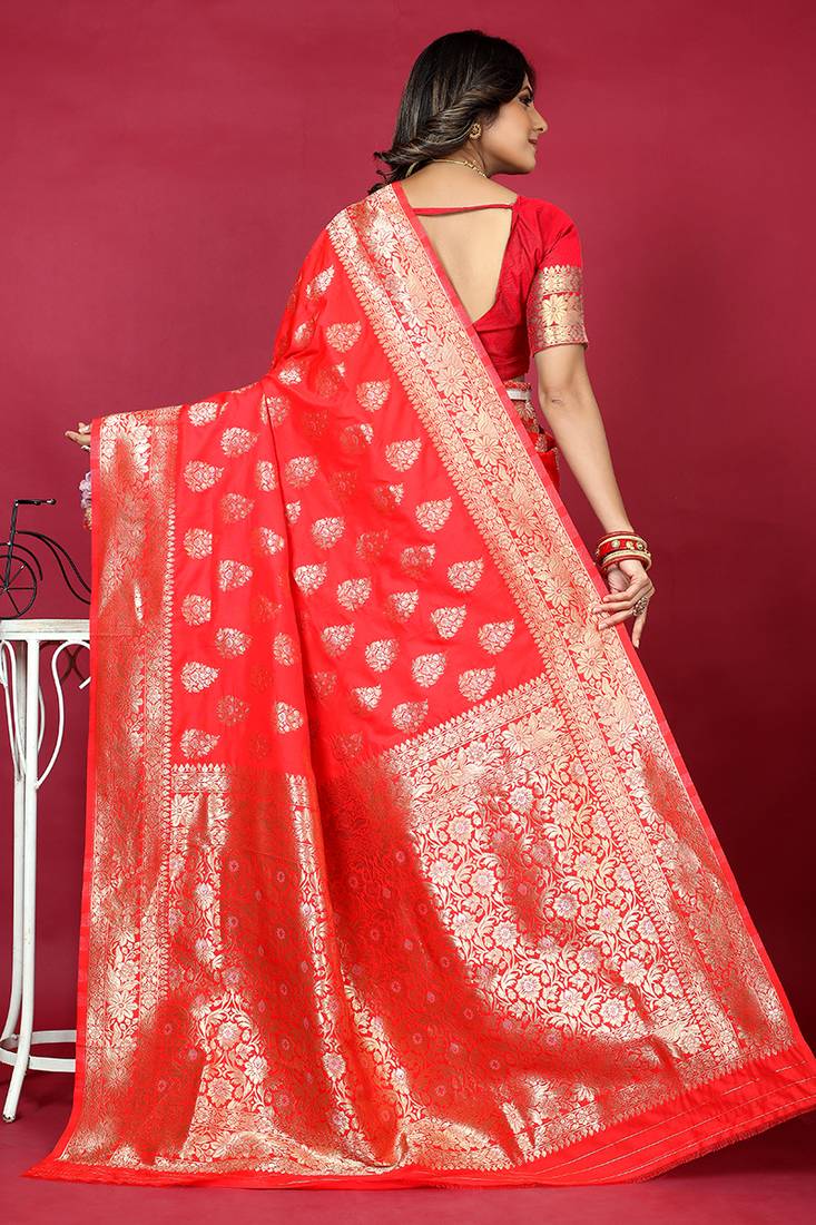 Red banarasi silk blend saree with copper zari weave