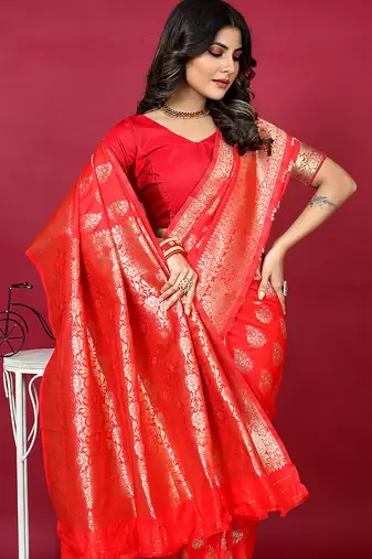 Red banarasi silk blend saree with copper zari weave