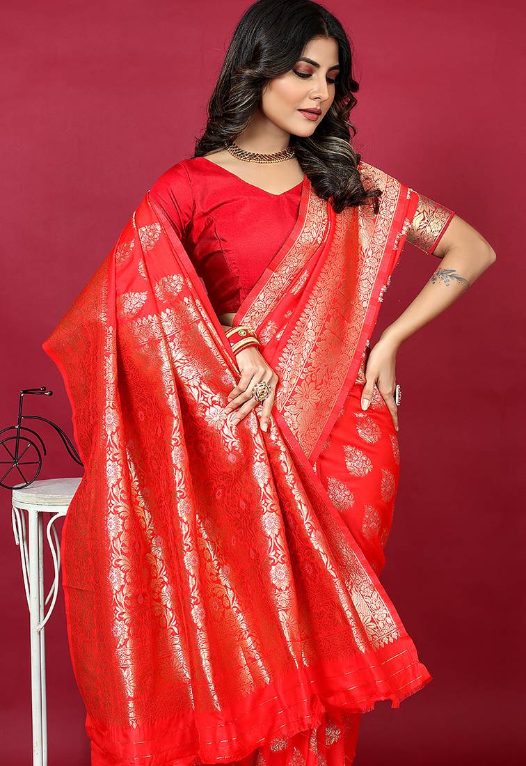 Red banarasi silk blend saree with copper zari weave