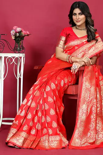 Red banarasi silk blend saree with copper zari weave