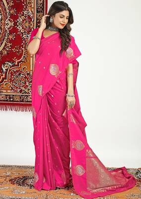 Hot pink banarasi silk blend saree with zari buta weaving 1