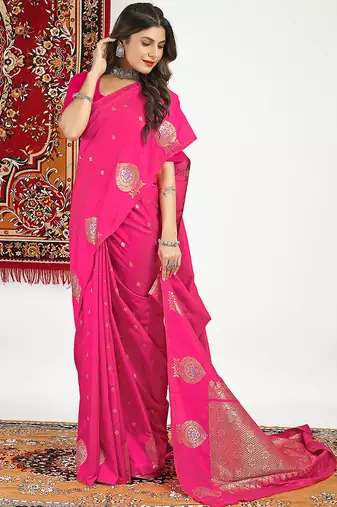 Hot pink banarasi silk blend saree with zari buta weaving