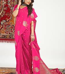 Hot pink banarasi silk blend saree with zari buta weaving