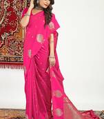 Hot pink banarasi silk blend saree with zari buta weaving
