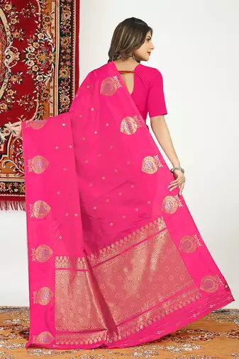 Hot pink banarasi silk blend saree with zari buta weaving