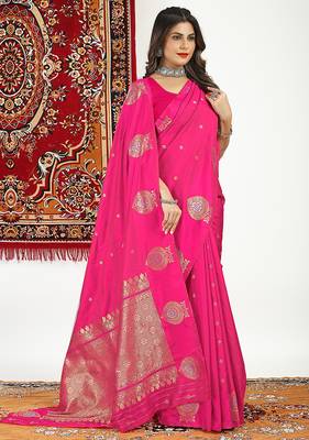 Hot pink banarasi silk blend saree with zari buta weaving 3