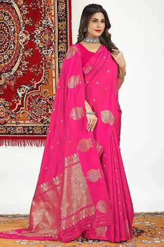 Hot pink banarasi silk blend saree with zari buta weaving