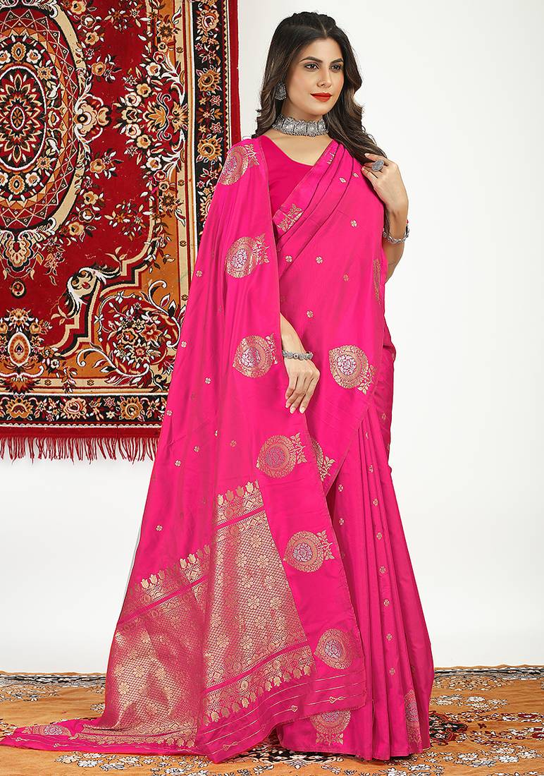 Hot pink banarasi silk blend saree with zari buta weaving