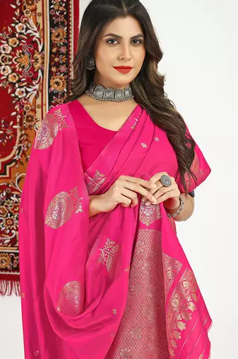 Hot pink banarasi silk blend saree with zari buta weaving