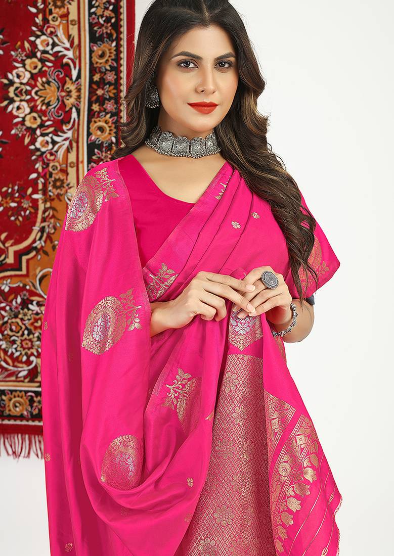 Hot pink banarasi silk blend saree with zari buta weaving