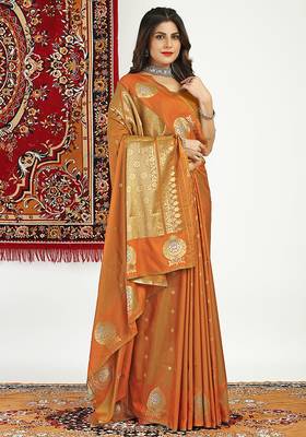 Rust banarasi silk blend saree with zari buta weaving 1