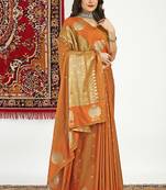 Rust banarasi silk blend saree with zari buta weaving