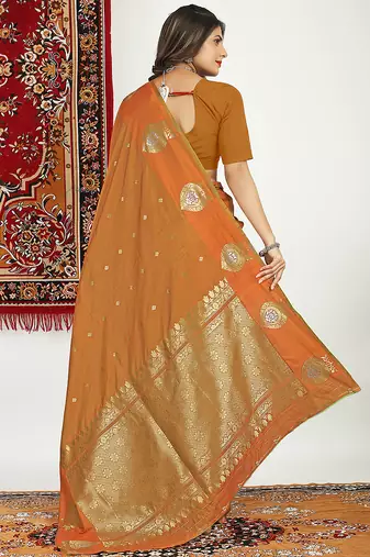 Rust banarasi silk blend saree with zari buta weaving