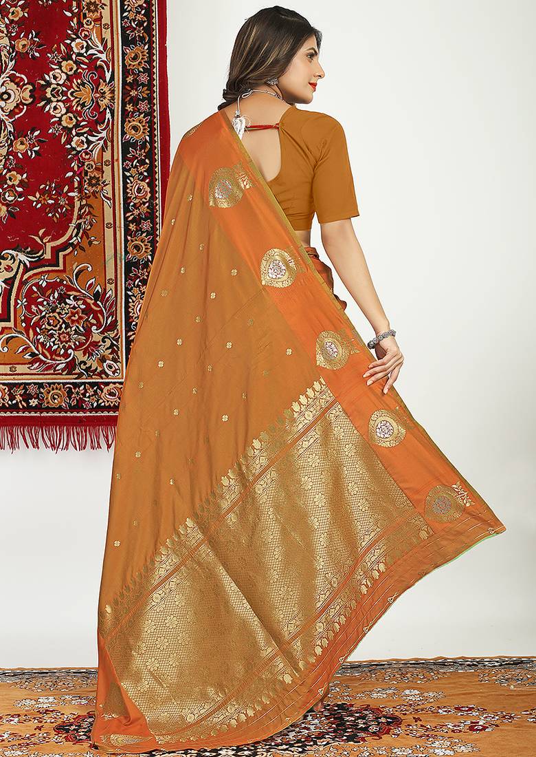 Rust banarasi silk blend saree with zari buta weaving