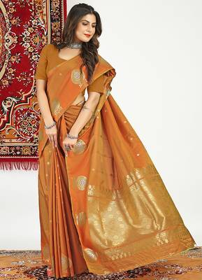 Rust banarasi silk blend saree with zari buta weaving 3
