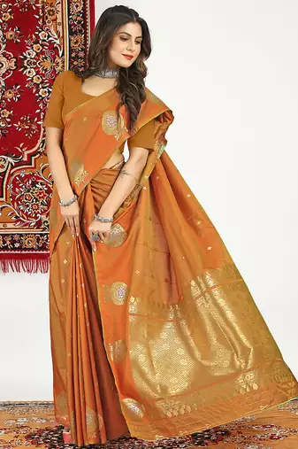 Rust banarasi silk blend saree with zari buta weaving